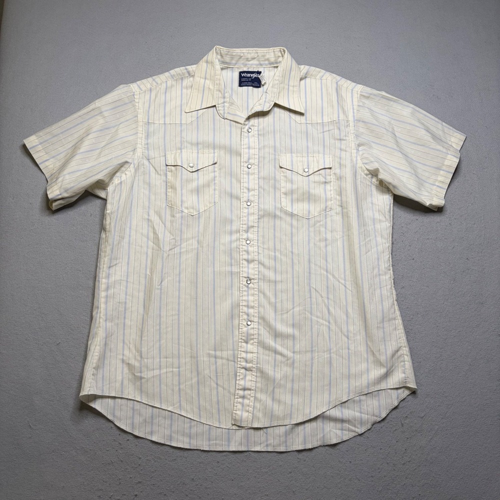 Wrangler Western Shirt Mens 17.5 Cream Blue Cowboy Cut Pearl Snap Vintage 80s